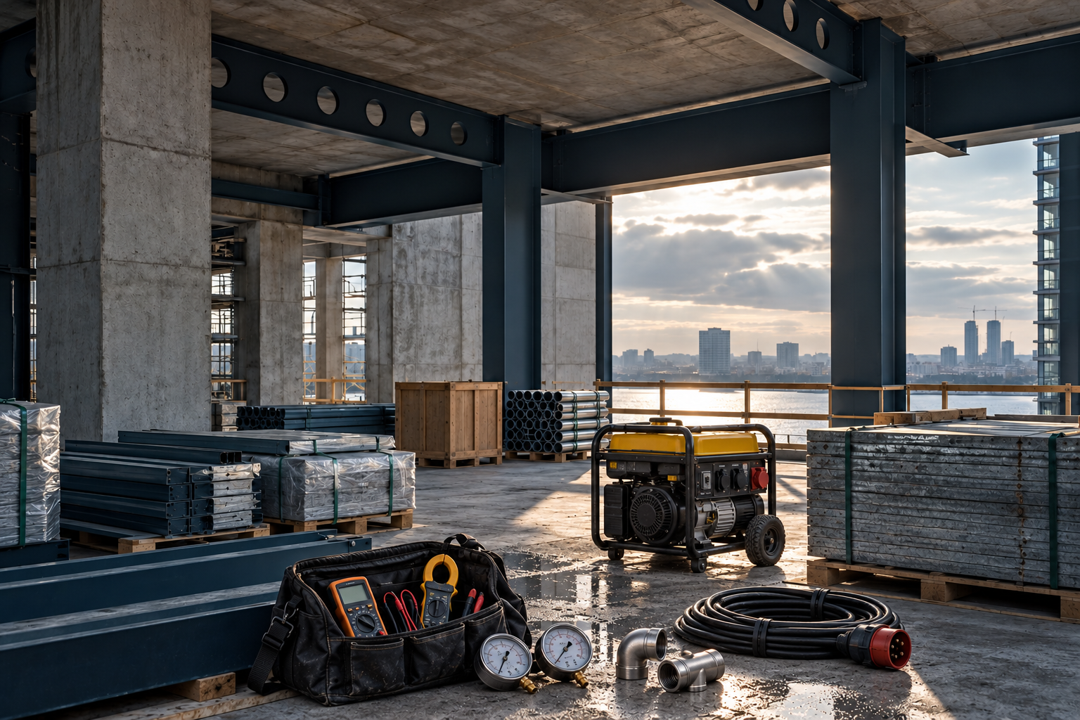 Generator, tool bag with electrical meters, pressure gauges and power cable staged among materials at a commercial construction site