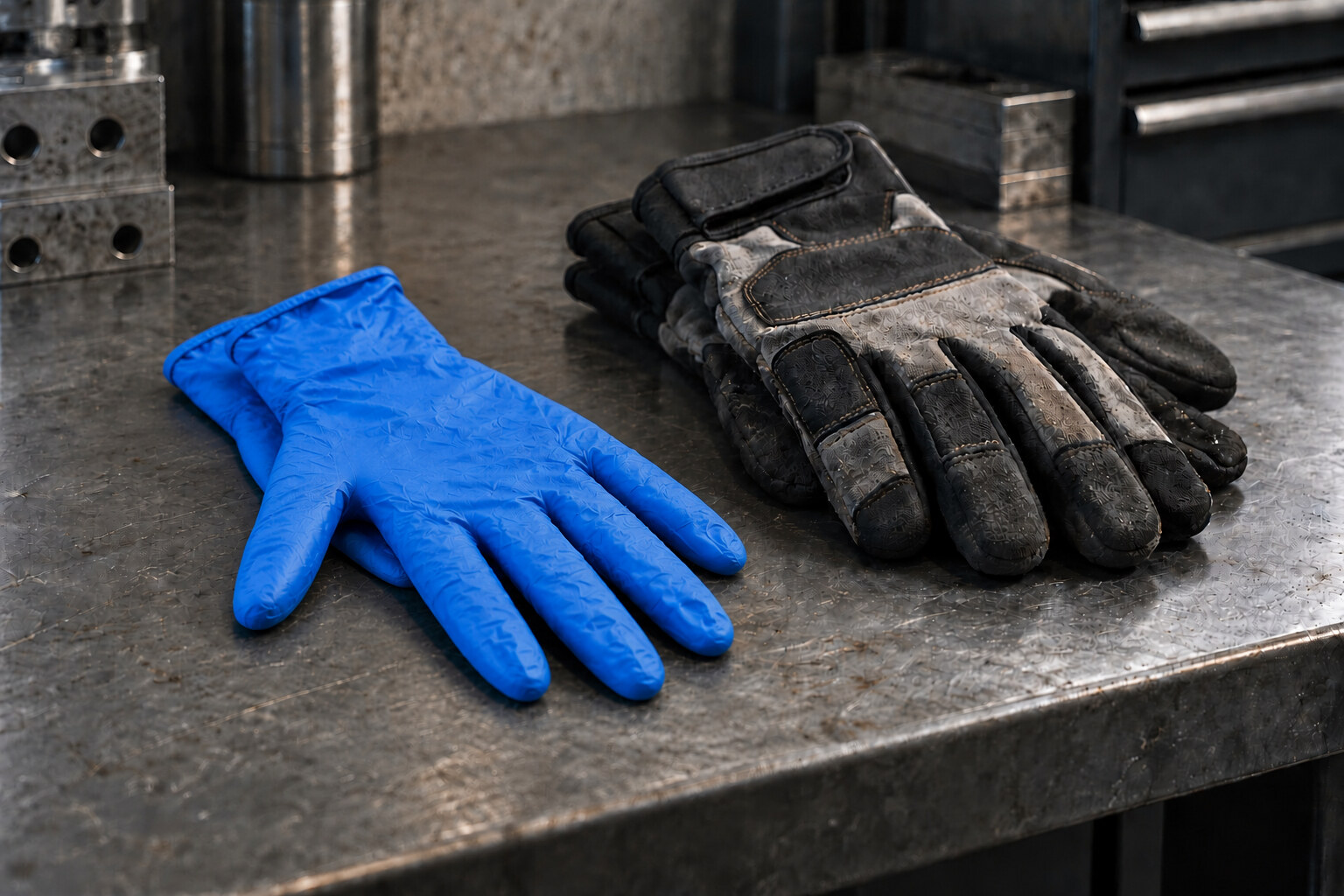 Two layered blue nitrile gloves beside protective work gloves on a steel workbench