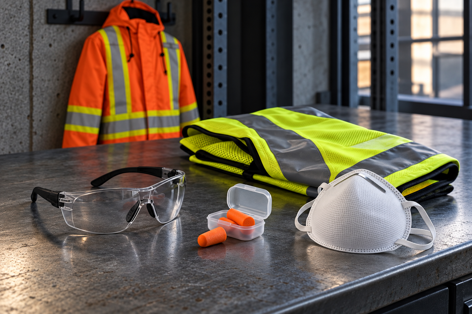 Safety glasses, earplugs, a white filtering mask, and reflective workwear on a steel workbench, with an orange high-visibility jacket behind